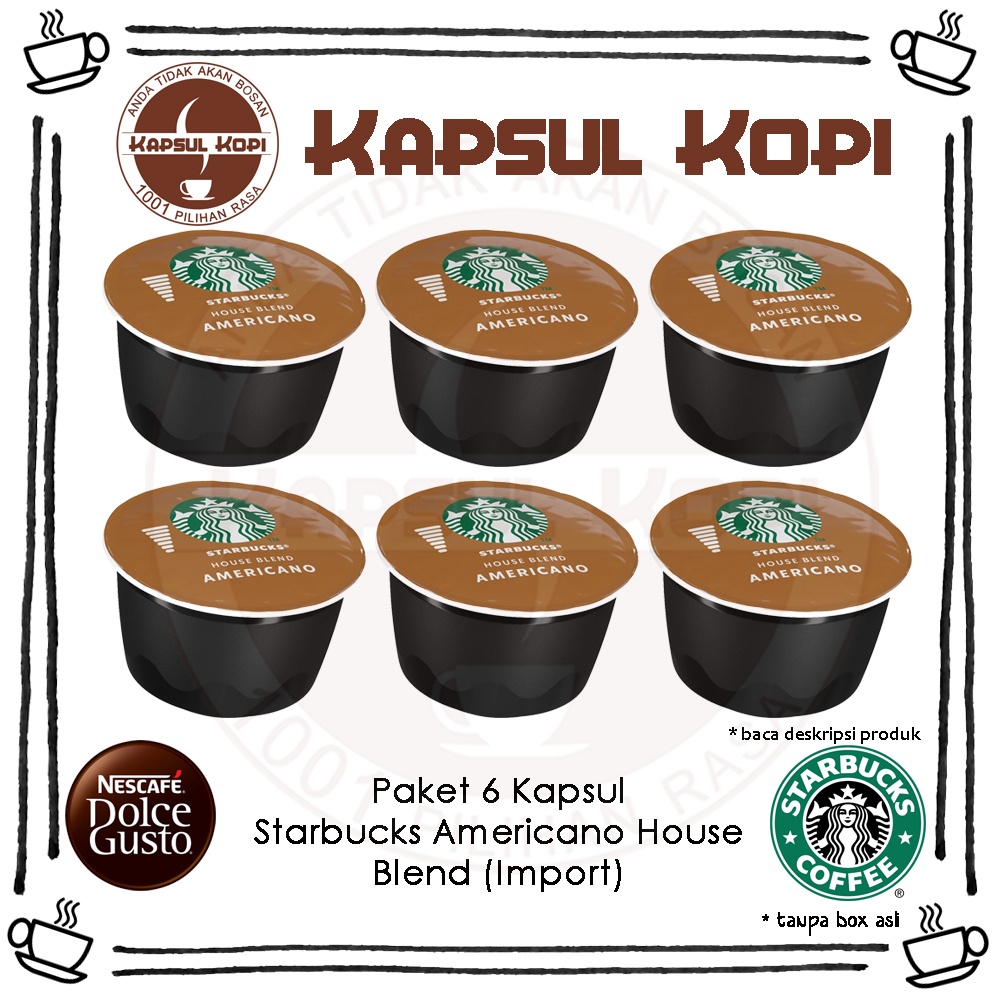 

Paket 6 Kapsul Kopi Starbucks Americano House Blend Nescafe Dolce Gusto