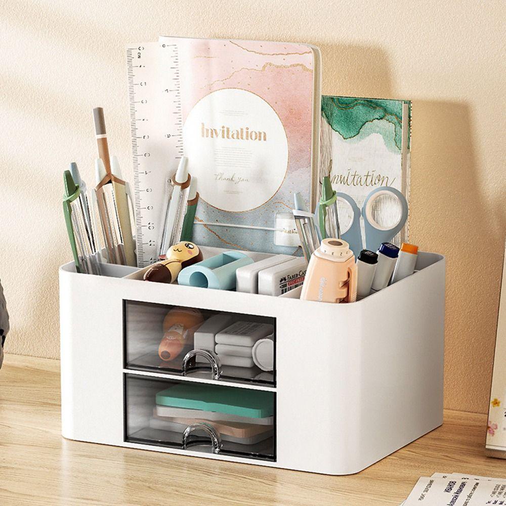 R-flower Pen Holder Multi Fungsi Dengan Laci Transparan Multiple Compartment Desktop Organizer