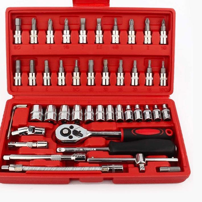 ➩ Bonkyo Kunci SOK 46 PC Set Socket (1/4 ") Full Lengkap Socket Tool Kit Pas Ring L Motor Mobil ☋