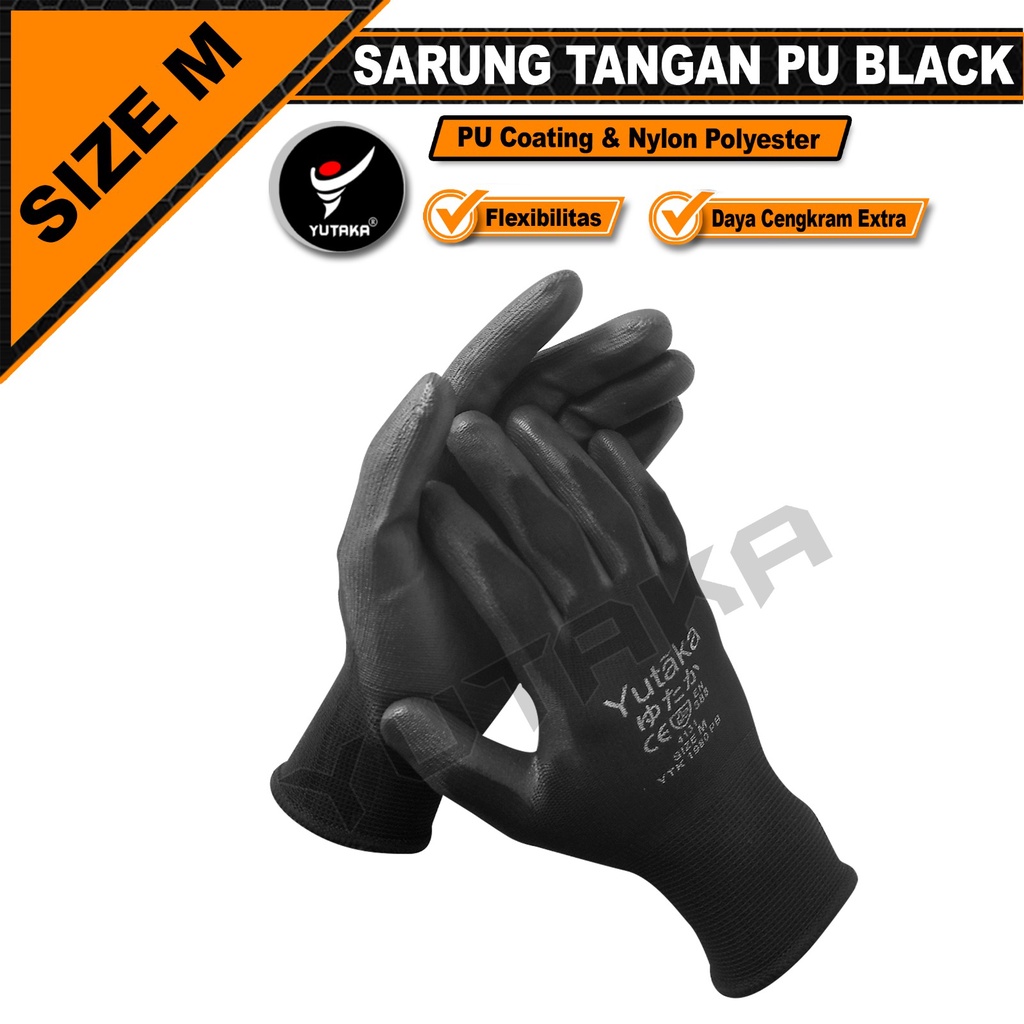 Sarung Tangan PU hitam black palm fit yutaka glove-M/ Sarung Tangan Safety - PU Palm Coated Safety Working Gloves M