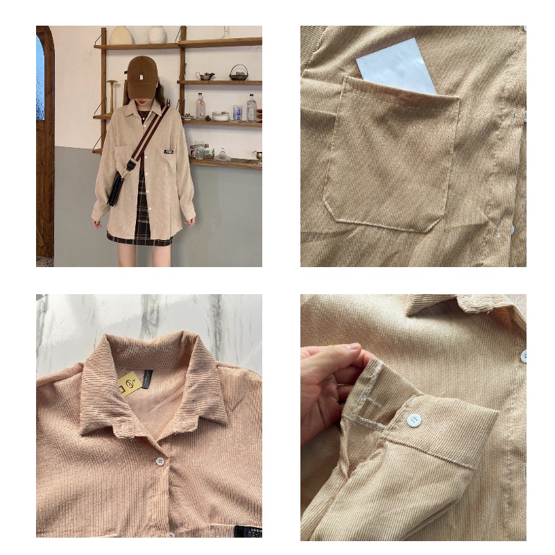 Basic Corduroy Outer Blus fashion kemeja lengan panjang longgar setengah panjang gaya Korea baru