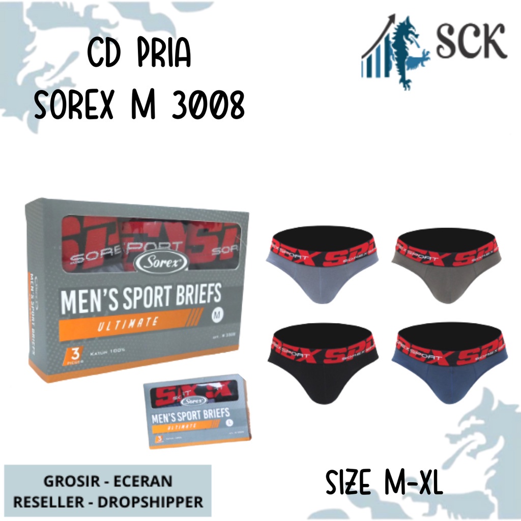 [ISI 3] CD Pria SOREX 3008 Pinggang Karet / Celana Dalam Model Boxer / Pakaian Dalam Cowok - sckmenwear GROSIR