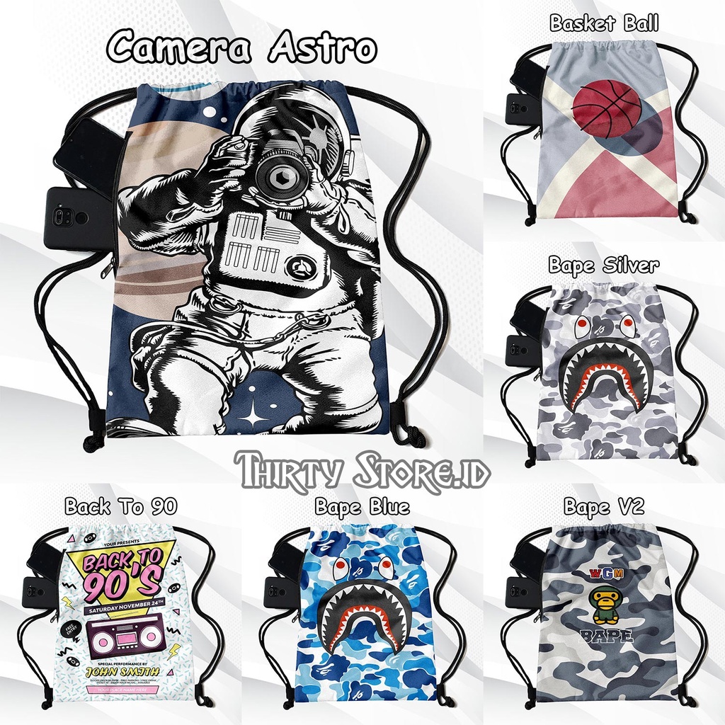 Tas Serut Full Print Stringbag Gendong Waterprouf Multifungsi Kanvas Tebal 2 Ruangan