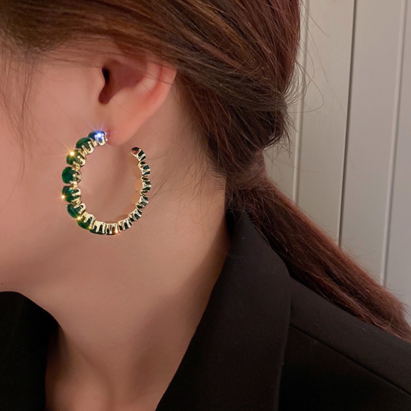 Shiny Luxury High Quality Inlay Hoop Earrings Bulat Hijau Zirkon Anting Kristal Untuk Wanita Hadiah Perhiasan Pesta Pertunangan