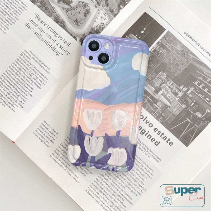 IPHONE Fresh Art Flower Tulips Lukisan Minyak Flowers Casing Ponsel Kompatibel Untuk Iphone11Xr 14 13 12 Pro MAX 6 6S 7 8 Plus X XS MAX Soft TPU Silicon Clear Shockproof Airbag Back Case