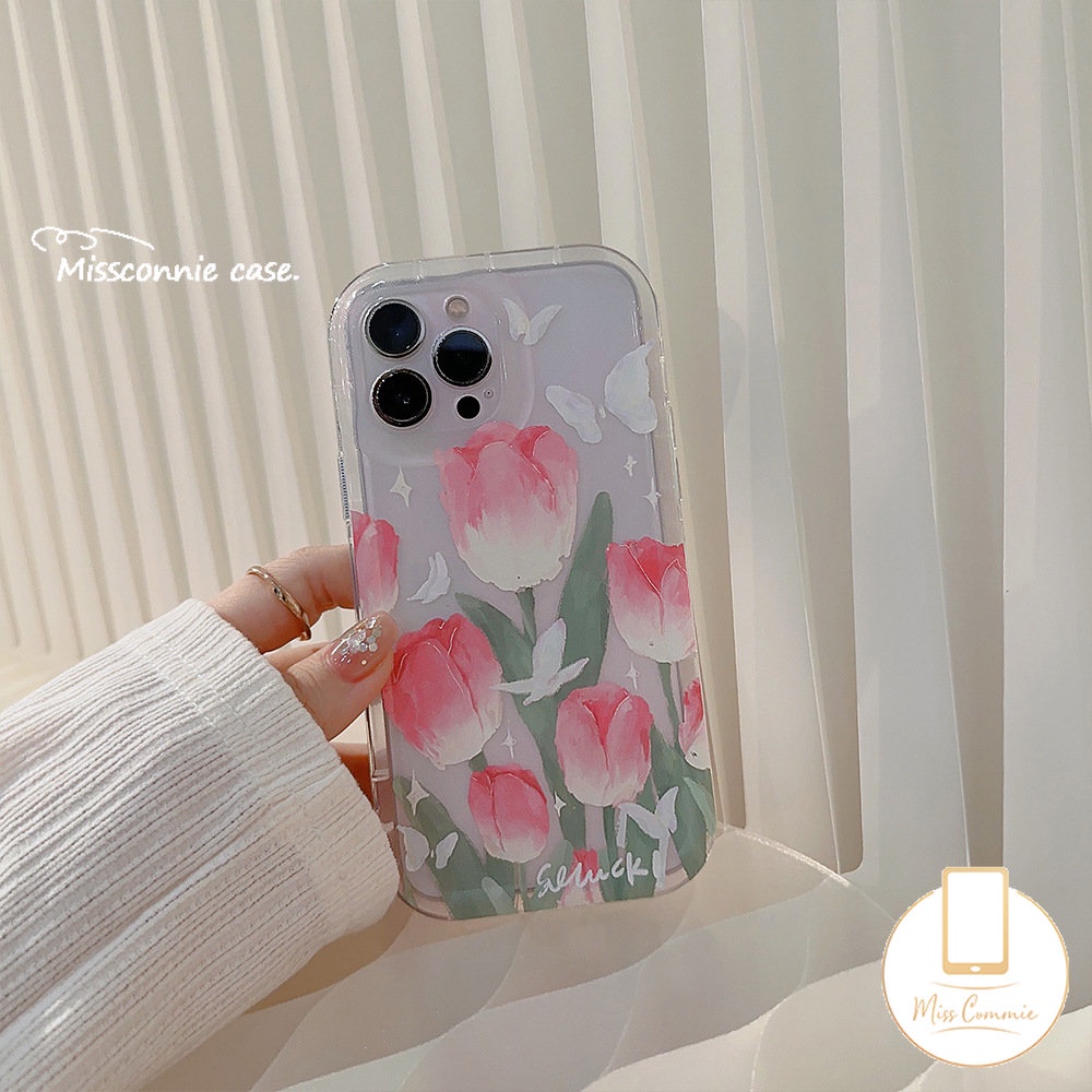 Ins Fashion Spring Fresh Flower Kompatibel Untuk iPhone 7Plus 11 14 12 13 Pro Max XR X 6s 7 8 6 Plus XS Max SE 2020 Fantasy Butterfly Tulips Transparan Airbag Shockproof Soft Cover