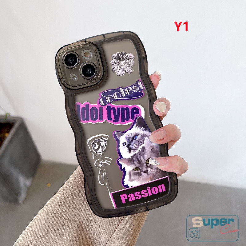 Soft Case Tepi Bergelombang Untuk OPPO A17 A57 A17K A3s A12 A16K A95 A96 A15 A54 A74 A78 A16 A16s A55 A96 A5 A9 A52 A5s A7 Reno 8T 7 6 8Z A77 A77s A1k A53 Stiker Trendy Case Kucing Label