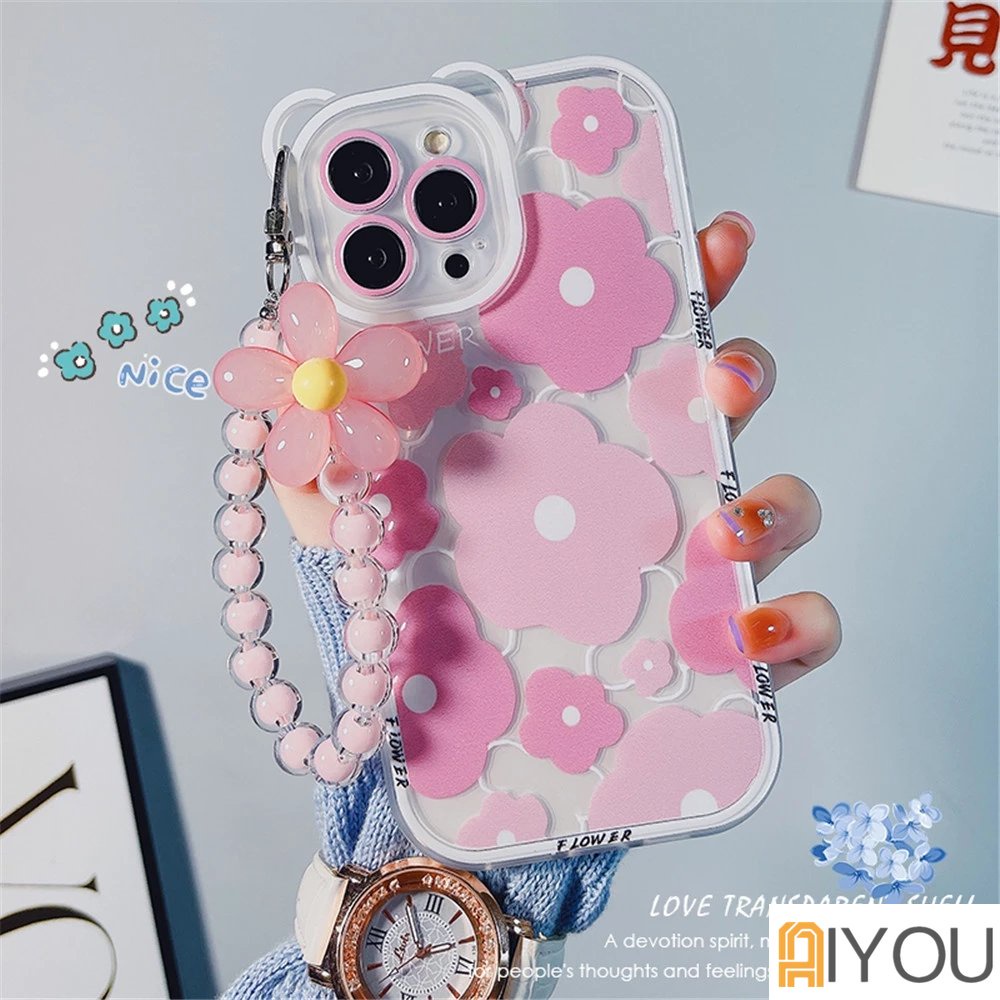 Lucu 3D Telinga Beruang Bunga Gantung Telepon Rantai Bening Soft Case Untuk iphone 14 Pro Max13 12 11 XR XS X7 8 plus SE MiNi Mewah Cover