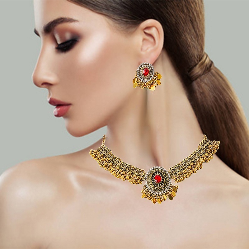 Fashion Ladies Perhiasan Lapis Emas Kalung Dubai Mewah Liontin Kalung Anting Set