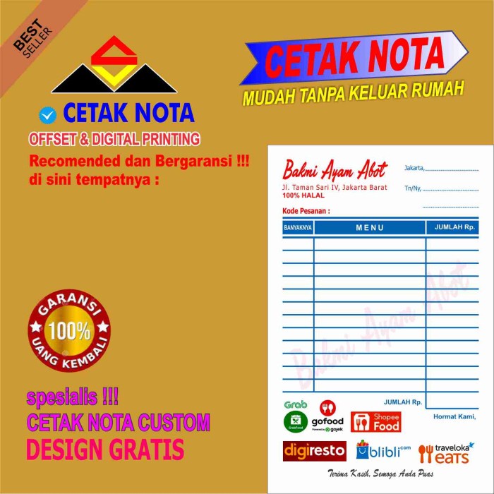 

Best Seller Nota Custom Khusus 10 Buku (1/4F 2 Ply Color)