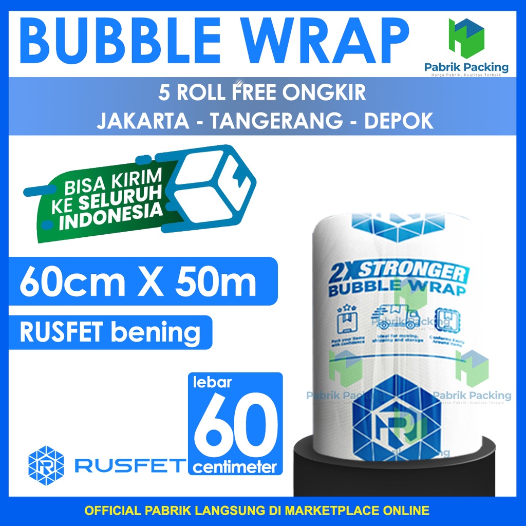 

Bubble Wrap Rusfet Bening 60CM X 50M Tebal Plastik Bubblewrap Roll