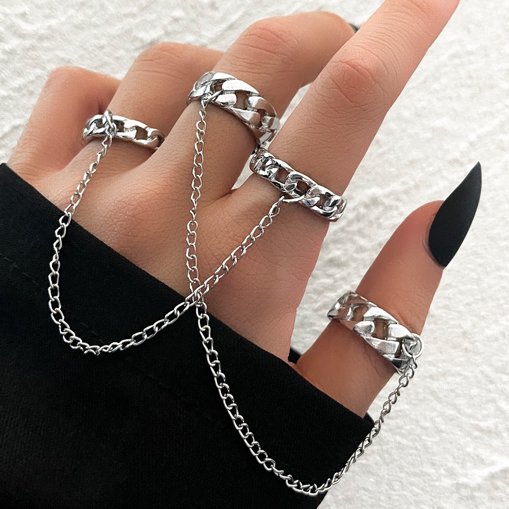 Punk Fashion Kepribadian Kreatif Cincin Rantai Liontin Gaya Retro Cincin Pria Dan Wanita Set Dua Potong