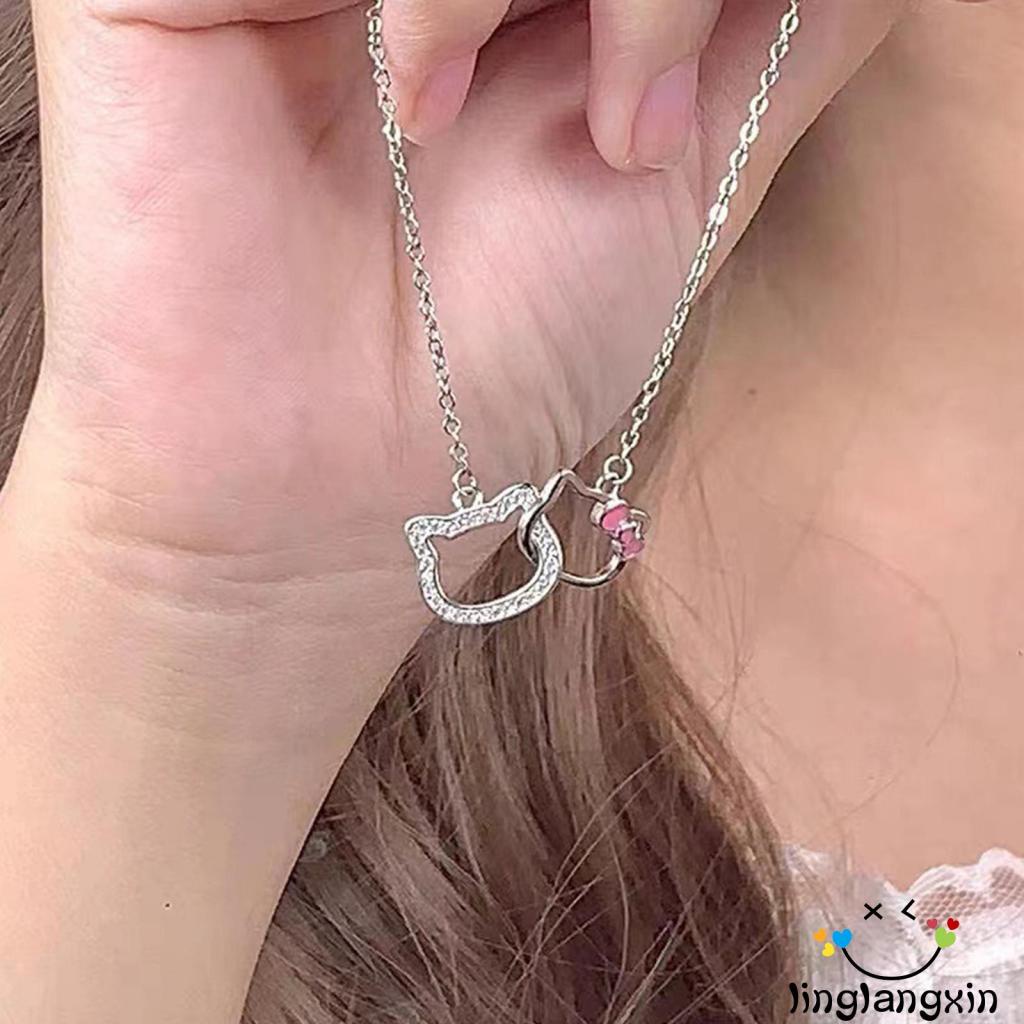 Llx-good Luck Lucu Interlocking Kitty Pendant Kalung Hadiah Keberuntungan Ulang Tahun Untuk Wanita Perempuan