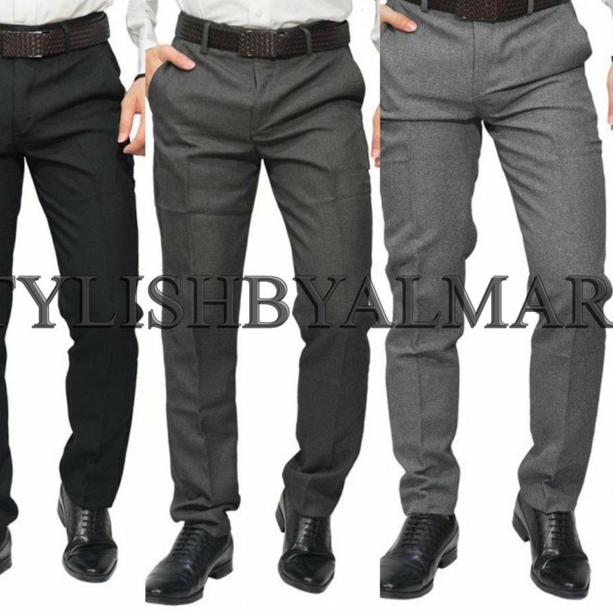 ℮ Celana Kerja Formal Pria Slimfit Hitam Abu Bahan Kain Woll ➴