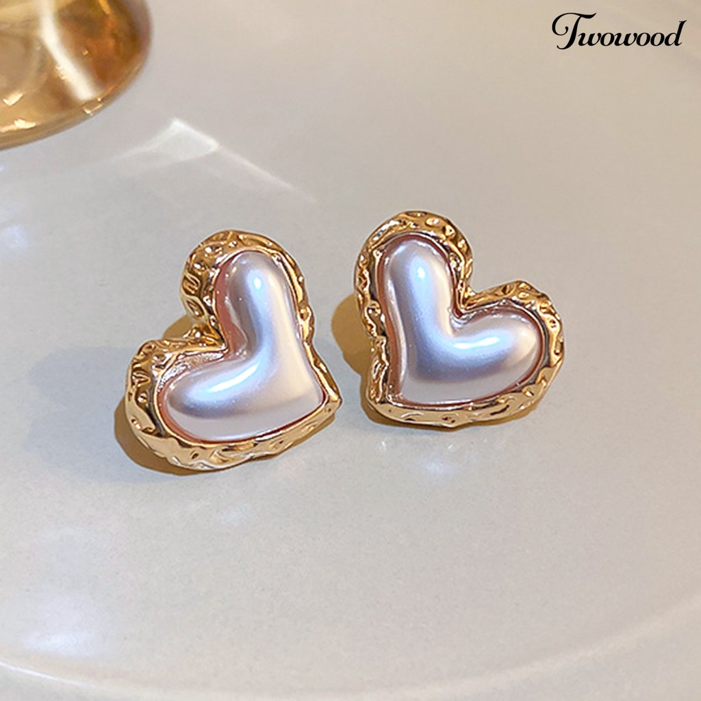 Twowood Women Ear Studs Gradient Heart-Berbentuk Cahaya Mewah Perak Wanita Kepribadian Fashion Faux Pearl Stud Earrings Pakaian Sehari-Hari