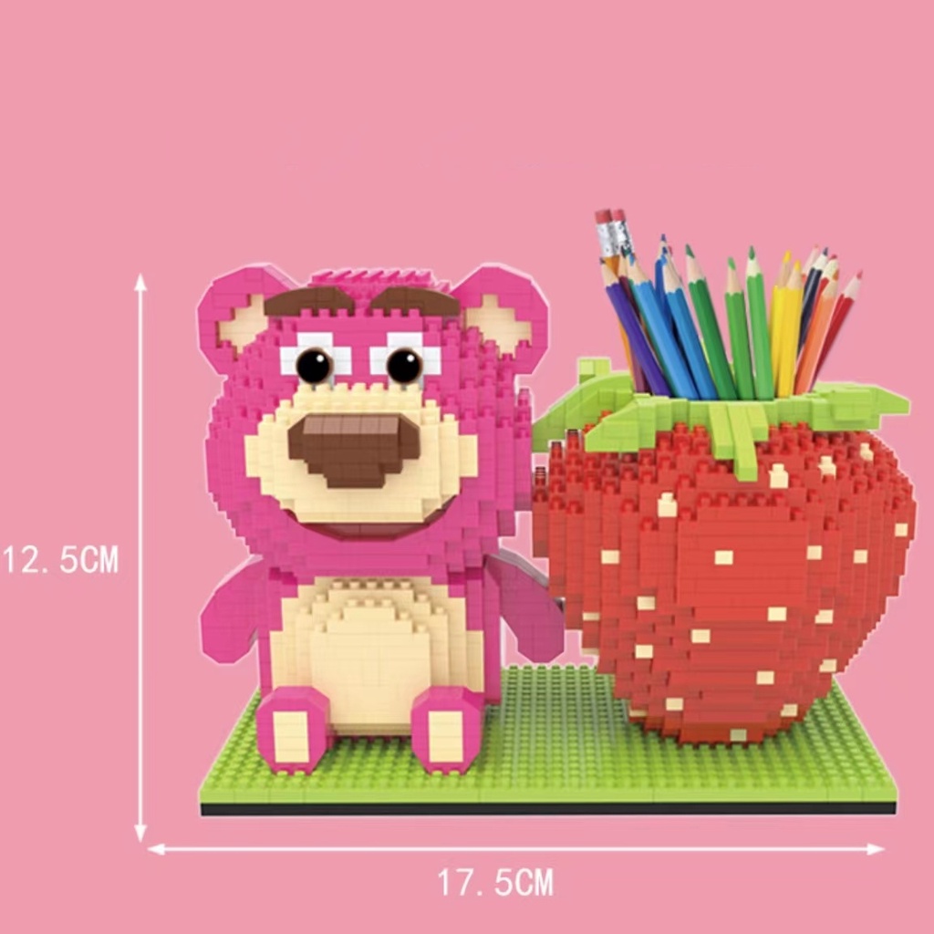 Partikel Kecil Rakitan Blok Bangunan Kompatibel Lego Winnie the Pooh Strawberry Bear Pen Holder Mainan Edukasi Anak Handmade