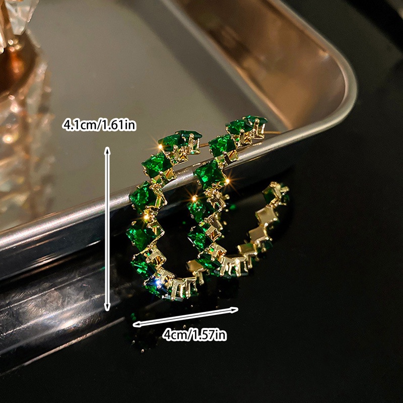 Shiny Luxury High Quality Inlay Hoop Earrings Bulat Hijau Zirkon Anting Kristal Untuk Wanita Hadiah Perhiasan Pesta Pertunangan