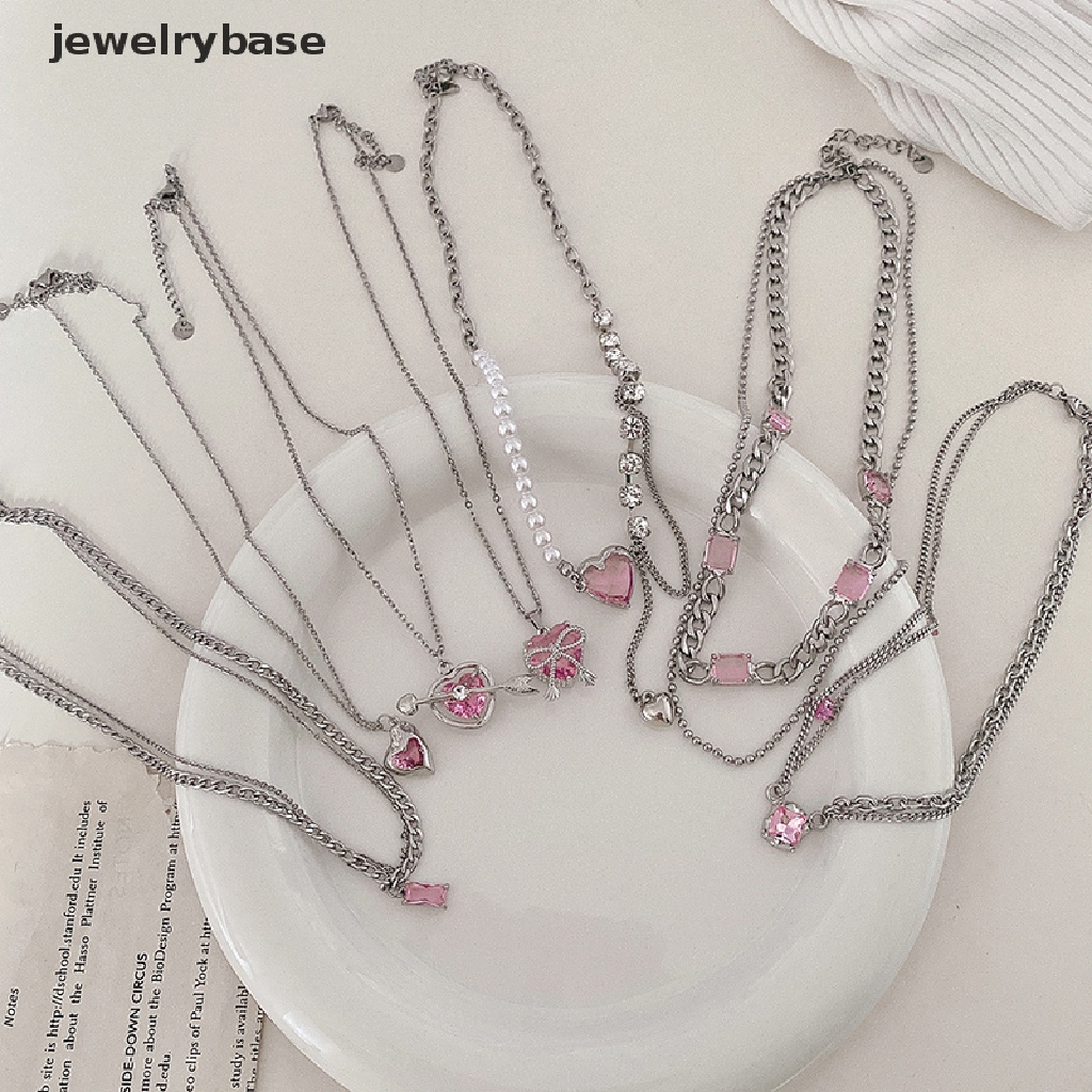 [jewelrybase] Trendi Merah Muda Kristal Jantung Liontin Kalung Heart Pearl Beads Chains Choker Necklace Untuk Wanita Kerah Aksesoris Butik