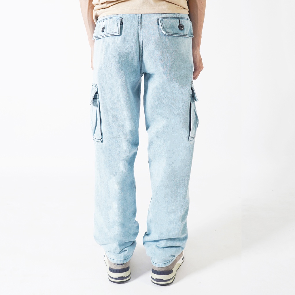 Pluviophile - Long Cargo pants jeans Celana cargo jeans loose fit  Reguler Standard Blue Bleach