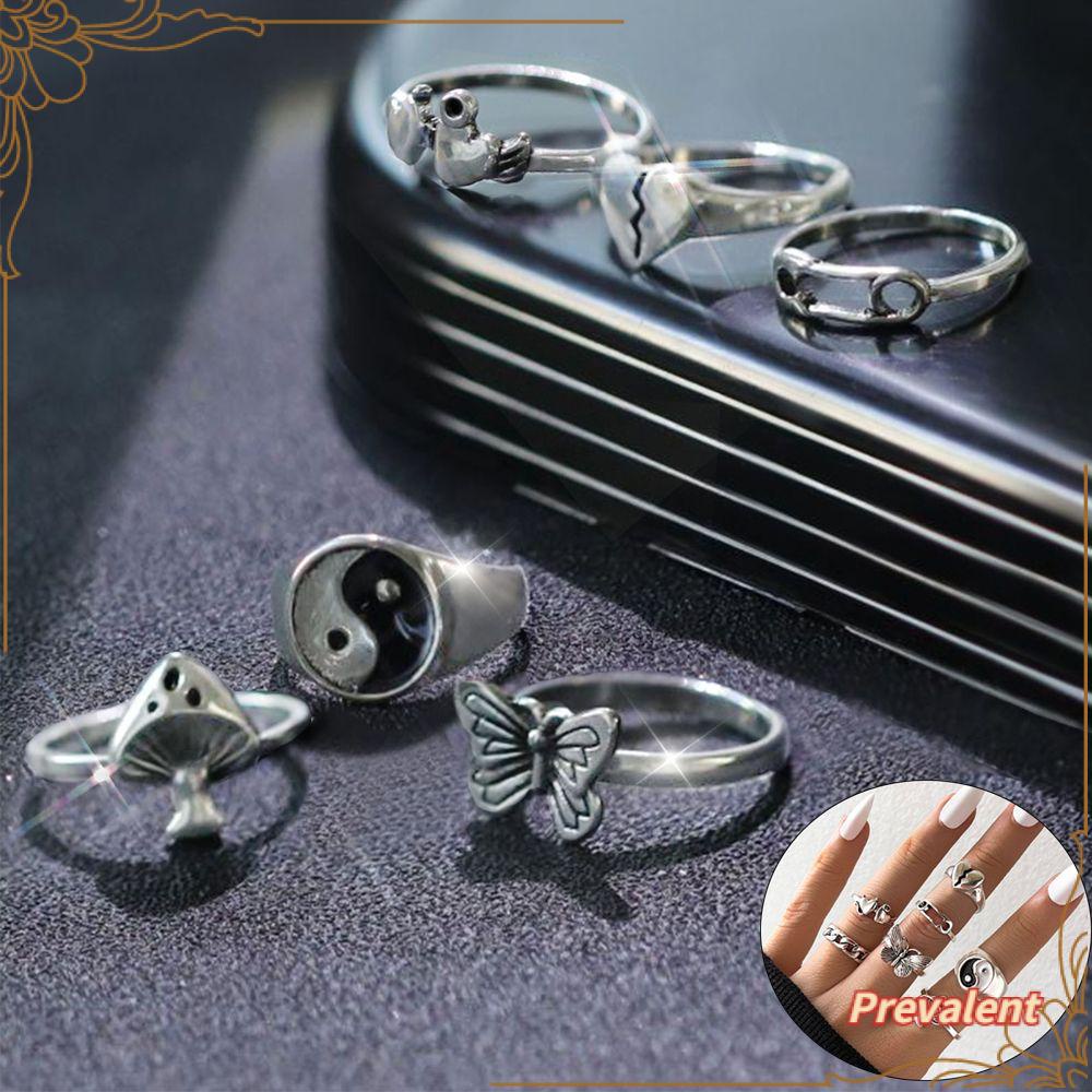 Preva 6Pcs/Set Cincin Retro Set Perhiasan Pesta Hip Hop Pola Hati