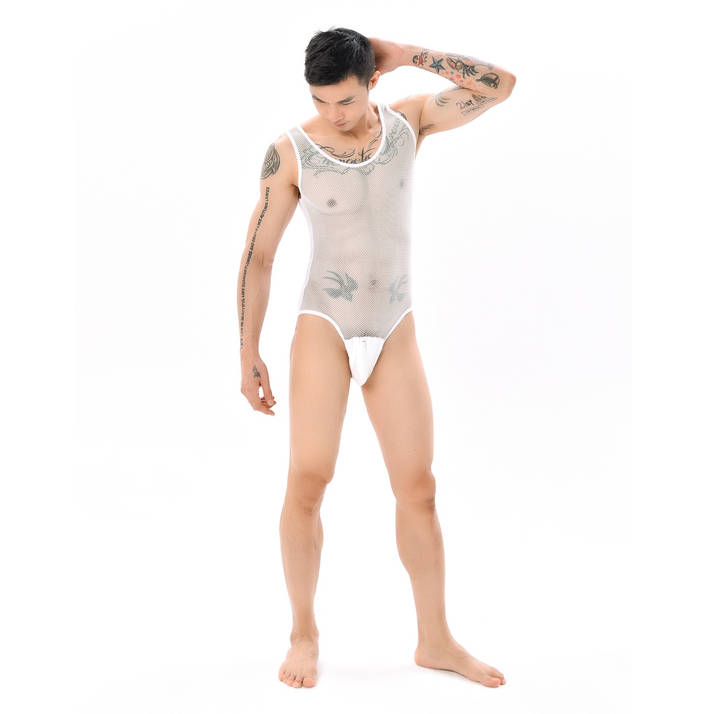 Men's Sexy Breathable Mesh Vest Corset One-Piece Transparent Leotard Thong Bodysuit Faux Leather Zip