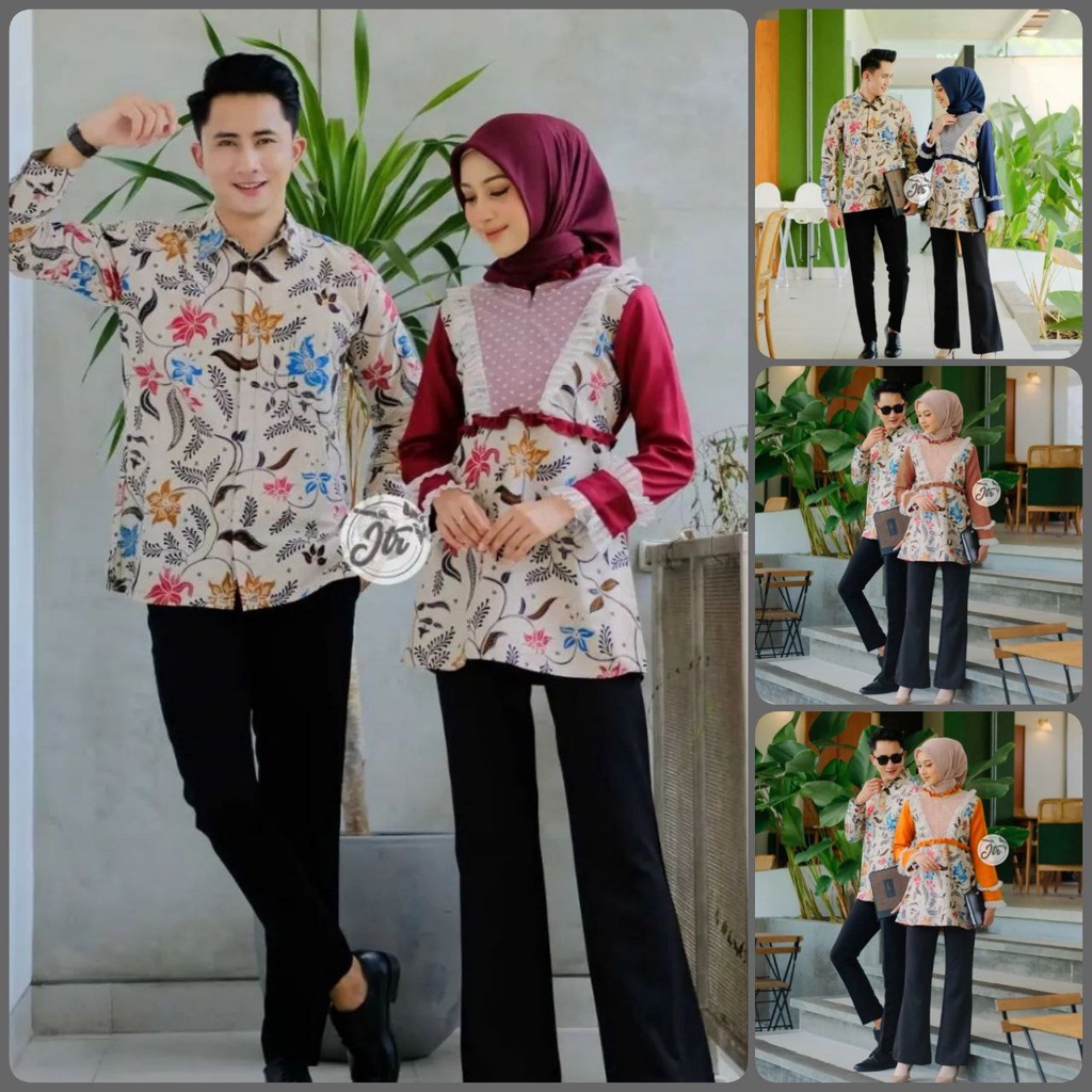 Couple Batik Keluarga Blus Tutu Motif Teratai Kombinasi Crep Premium