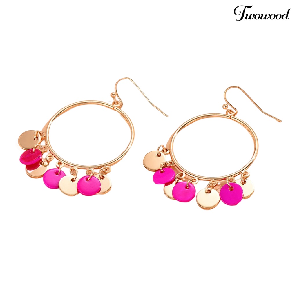 Twowood 1pasang Anting Kait Berlebihan Cincin Besar Kepribadian Geometris Hadiah Emas Alloy Bicolor Bulat Liontin Drop Earrings Fashion Perhiasan