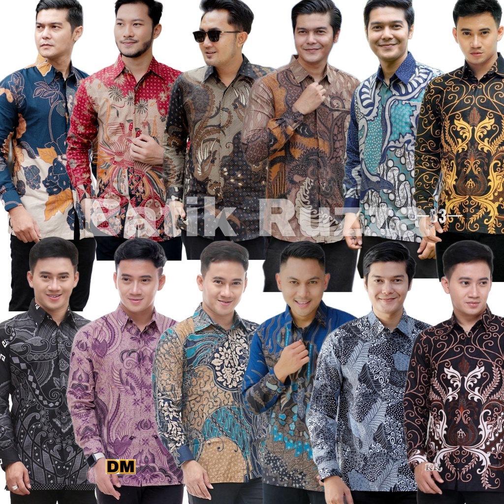 RUZZA Batik Pria Lengan Panjang Kemeja Motif Kembang Langit Blarak Biru Cowok Dewasa Size M L XL