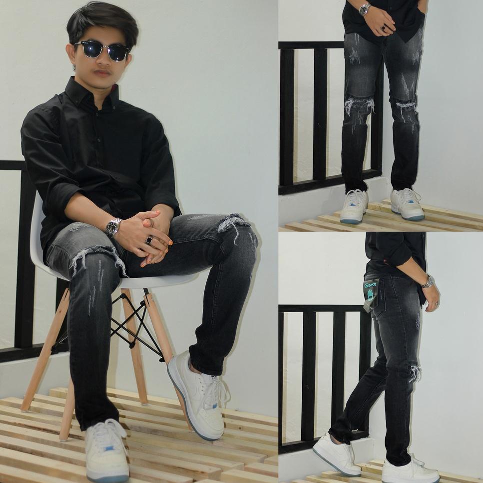 READY GEVAR Celana Jeans Scrub Ripped Sobek Blackwash