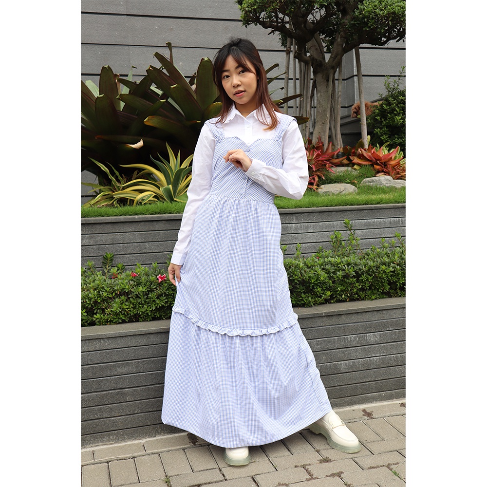 Gamis Missty Wanita Warna Putih Biru Motif Salur Spesial Lebaran Best Seller One Set Inner Outer (RK