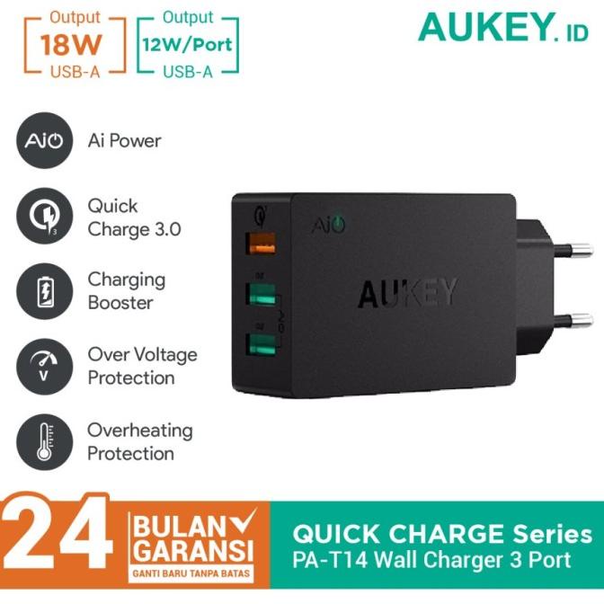 Aukey Charger 3 Port USB Quick Charge 3.0 Fast Charging PA-T14 casan aukey T14