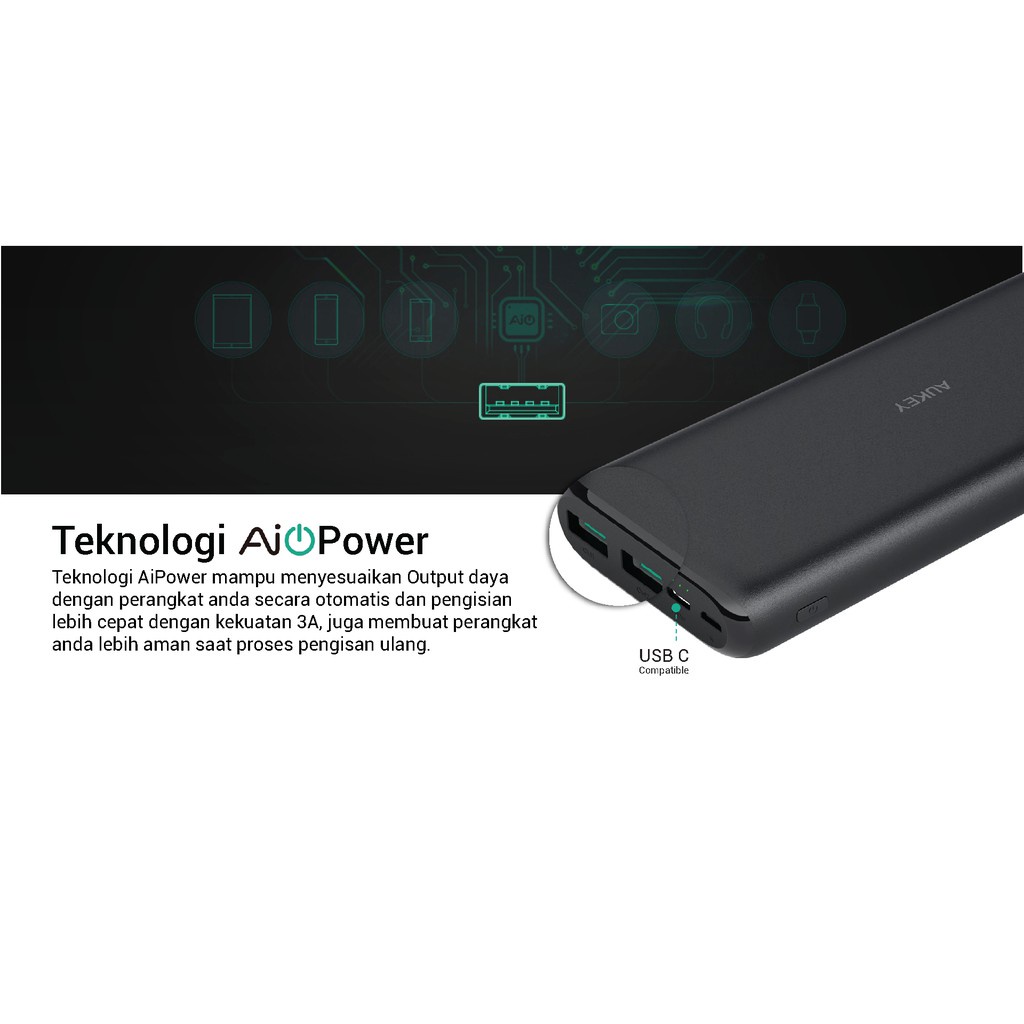Aukey Powerbank PB-XN20 20000 mAh with USB C Fast Charging - 500361 power bank aukey 20000mah