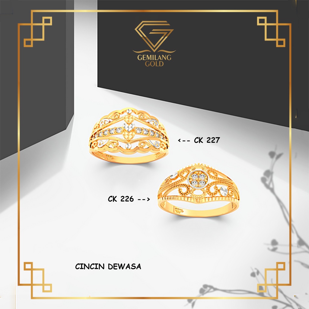 CINCIN EMAS WANITA KADAR 375 (8K) MODEL MAHKOTA TUMPUK CINCIN EMAS ASLI MOTIF JARING CORAK DAUN CINC