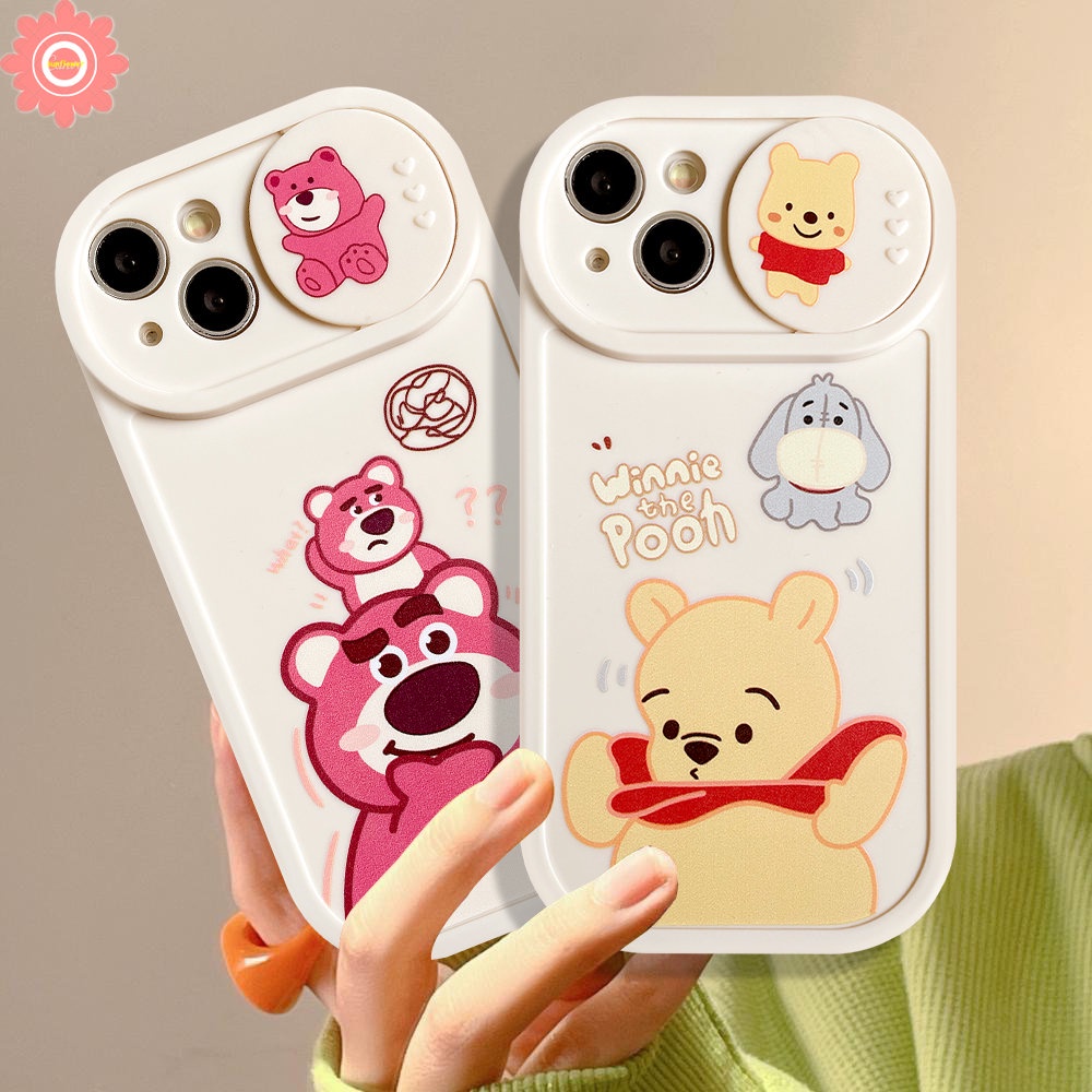 IPHONE Pasangan Strawberry Bear Manyo Winnie the Pooh Case Kompatibel Untuk Iphone11 7plus 13 12 Pro Max7 8 Plus XR X XS MAX Kartun Tarik Jendela Kamera Perlindungan Soft Cover