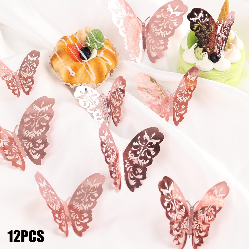 12pcs/set Butterfly Cake Topper 3D Gold Hollow Simulasi Butterfly Untuk Dekorasi Kue Pesta Ulang Tahun Baby Shower Pernikahan