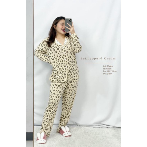 MDLV ~ Baju Tidur Set Kerah Polkadot Leopard Creme Nice Kitty PP