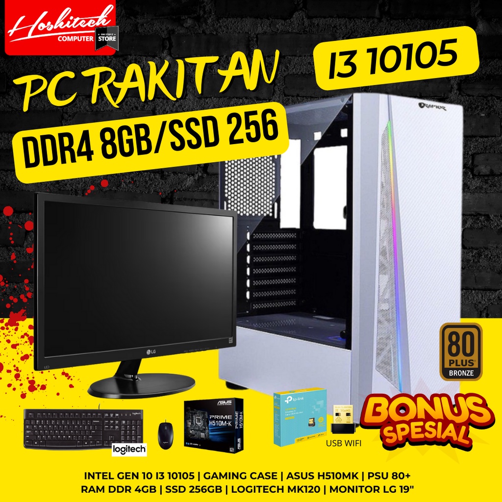 PC RAKITAN I3 INTEL GEN 10 CORE i3 10105 RAM 8/SSD256 OFFICE KANTOR