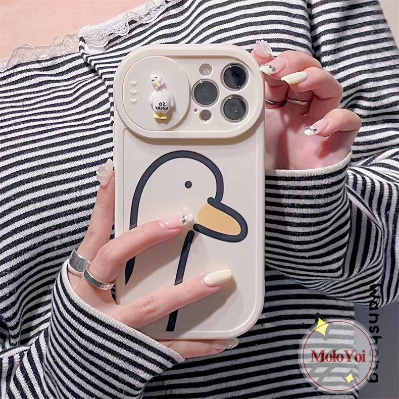 IPHONE Case Pelindung Kamera Kompatibel Untuk Iphone11 12 13 Pro MAX XR 78 Plus X XS MAX 7Plus 8Plus 3D Kartun Bebek Lucu Geser Dorong Tarik Creamy Simple Lembut TPU Cover