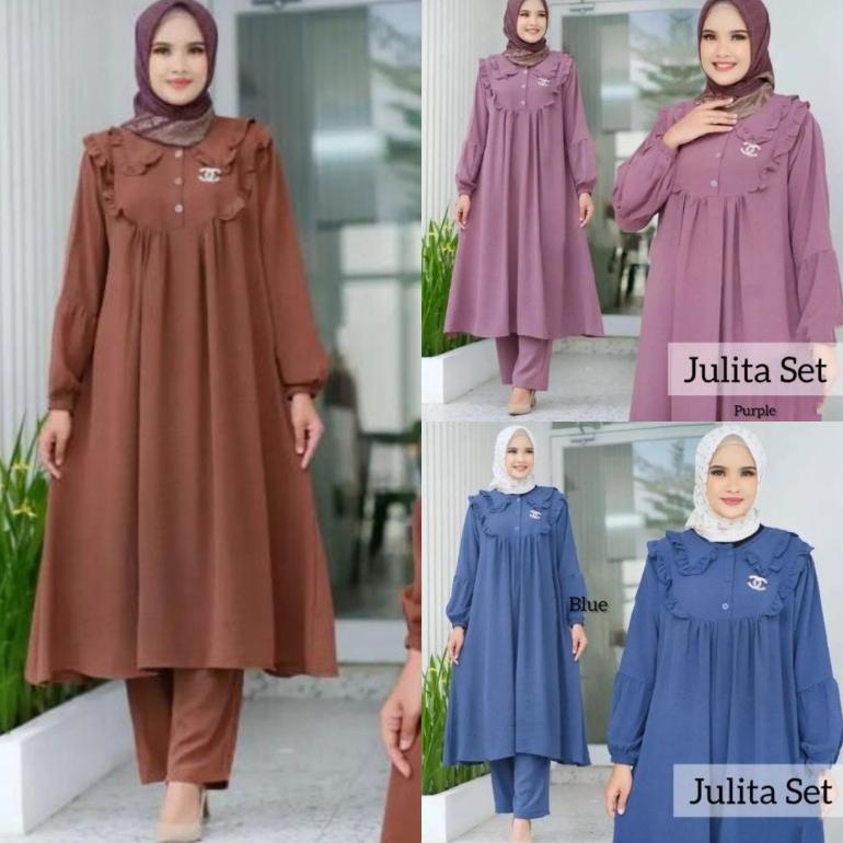 Julita Set Long Ld 115-120Cm Crinkle Premium / Setelan Polos Long Tunik Julita / One Set Polos Renda