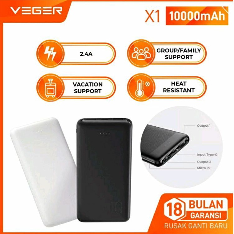 Power Bank VEGER X1 10000 mAh 2.4A Slim 2 Ports USB Output Real Capacity power Bank