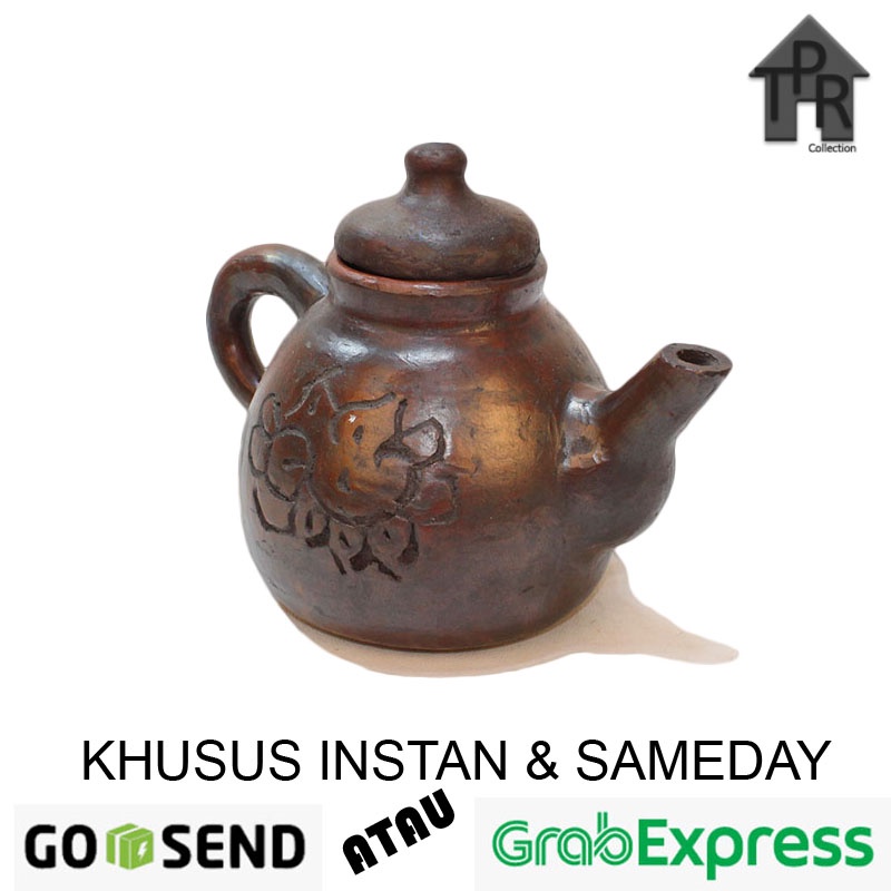 Gerabah - Poci Tanah Liat Mini Ukir Bunga / Tea Pot 500ml.