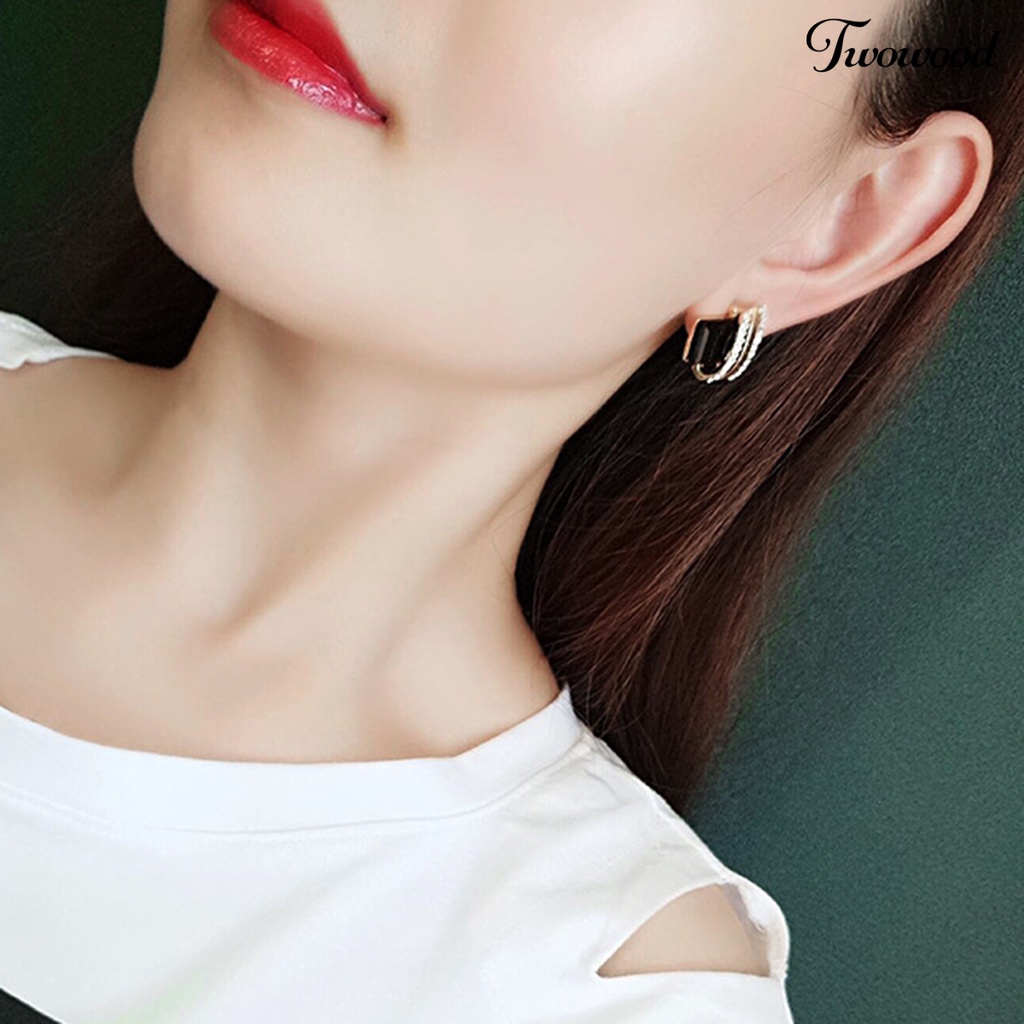 Twowood 1pasang Ear Studs Rhinestone Geometric Electroplating Luxury High Gloss Hiasan Telinga Perhiasan Kristal Imitasi Engagement Earrings Hadiah Anniversary