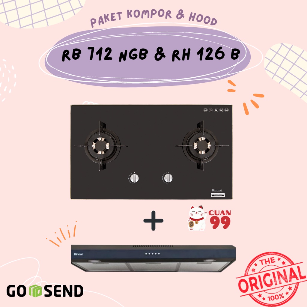 PAKET KOMPOR TANAM RINNAI RB 712 NGB &amp; COOKER HOOD RH 126 B - KHUSUS GOJEK/INSTANT