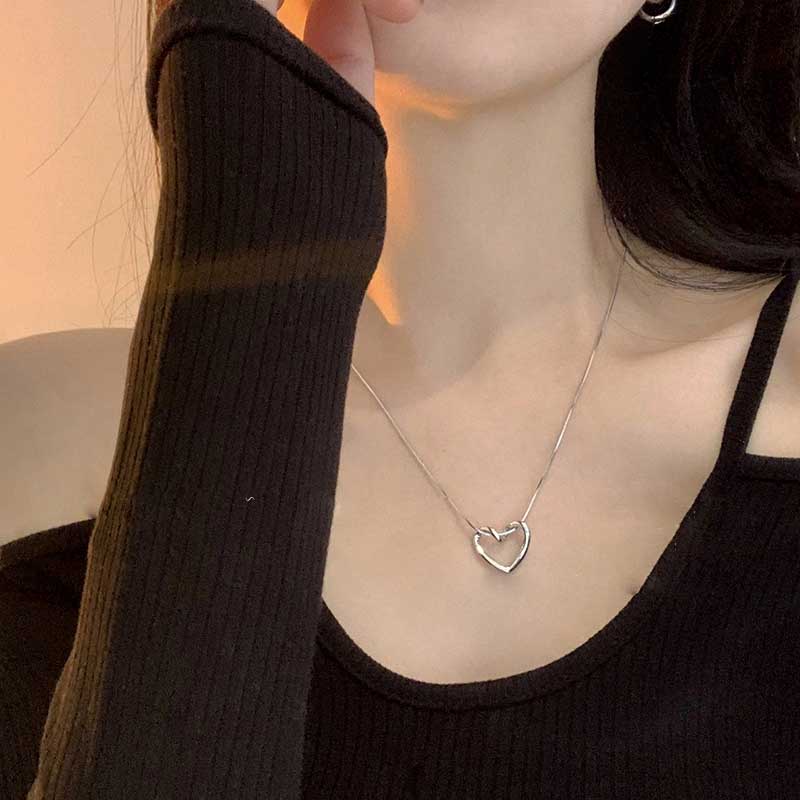 Papaozhu Chic Perak Memutar Berongga Jantung Liontin Kalung Untuk Wanita Gadis Sederhana Fashion Geometris Pesona Tulang Selangka Rantai Kalung Perhiasan Hadiah