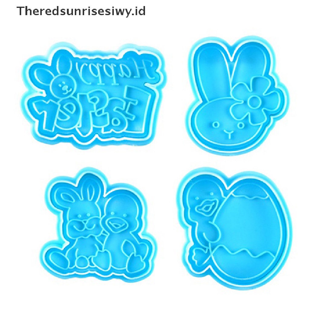 # Baju Lebaran # 4pcs Cetakan Kue Plastik Easter Bunny Biskuit Cookie Cutter Pastry Plunger 3D~