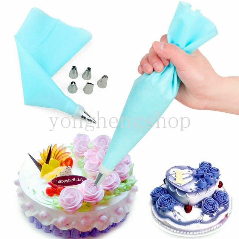 8pcs /set Silikon Cream Pastry Bag Stainless Steel Icing Piping Nozzle Pastry Tips Converter DIY Alat Dekorasi Kue Dapur Gadget