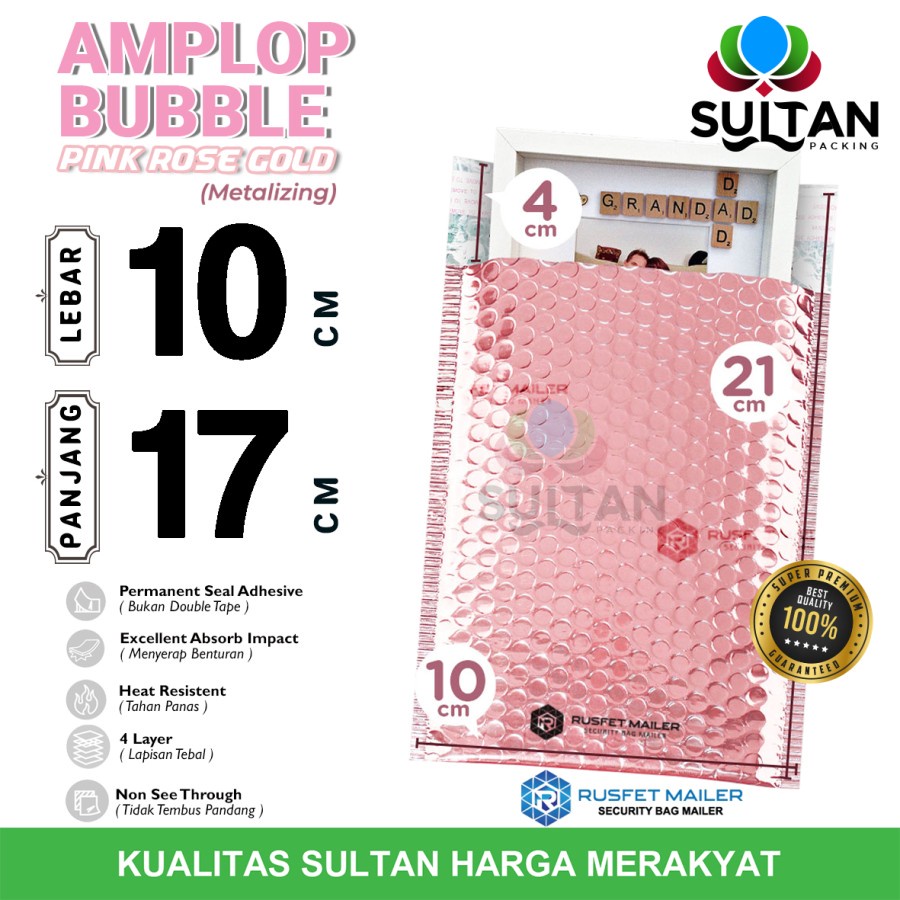 AMPLOP BUBBLE MAILER 10x17cm PINK ROSEGOLD BUBBLE WRAP ENVELOPE RUSFET