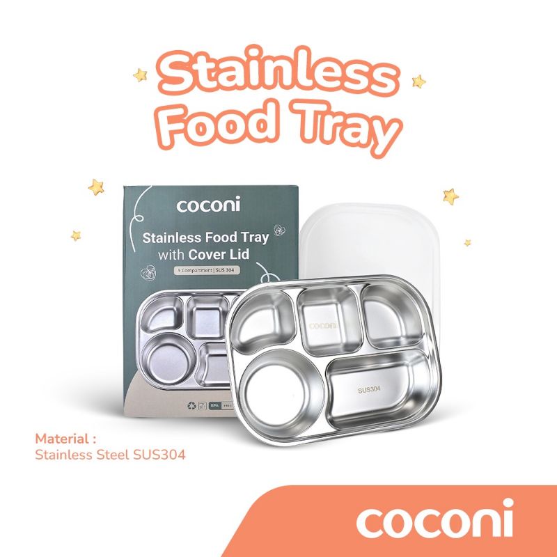 Coconi Premium Stainless Steel Plate Food Tray With Lid / Piring Makan Anak Sekat Stainless