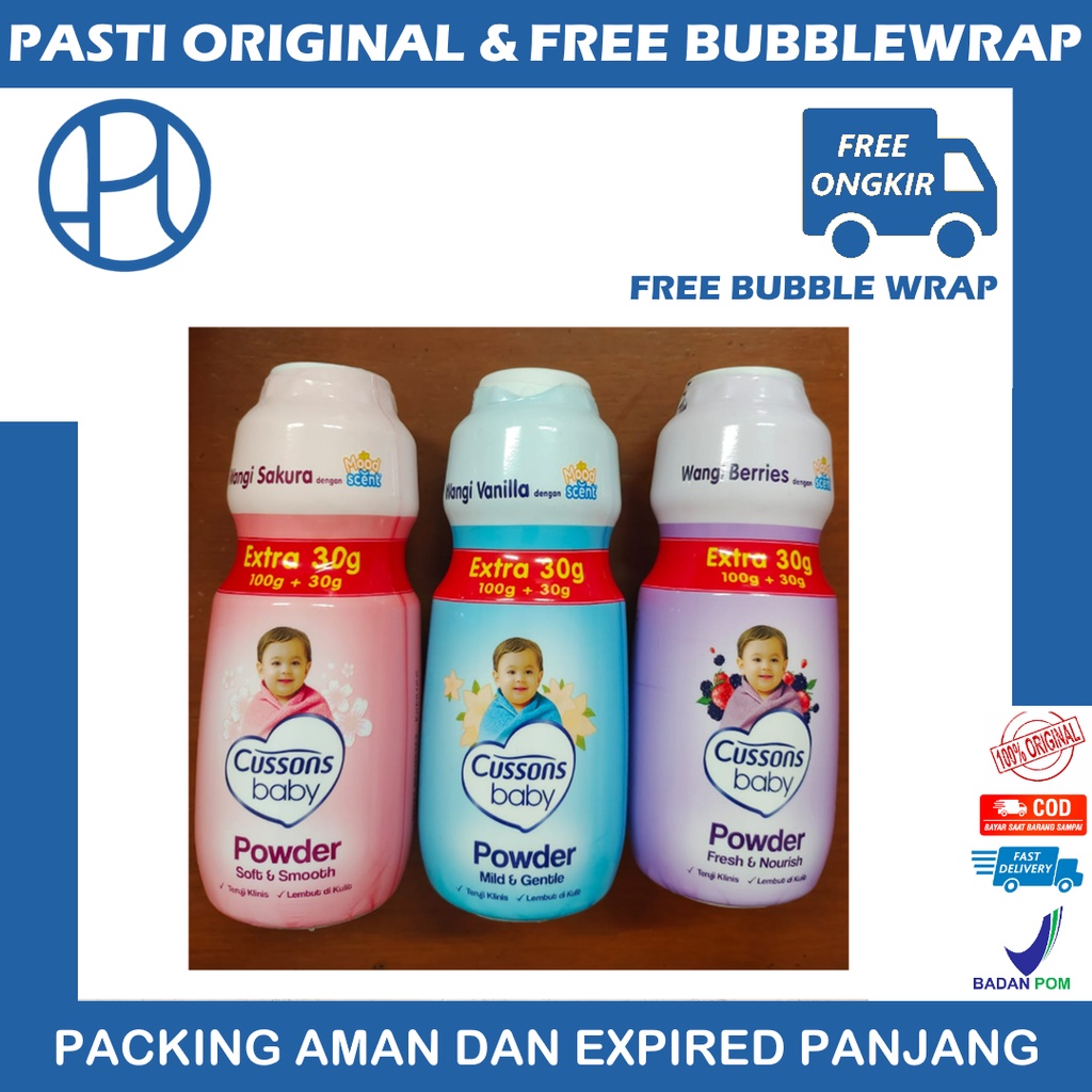 CUSSONS BABY POWDER 100gr + 30gr BEDAK BAYI CUSSON BIRU PINK UNGU SOFT SMOOTH MILD GENTLE FRESH NOURISH 100+30 STRAWBERRY BERRY APPLE