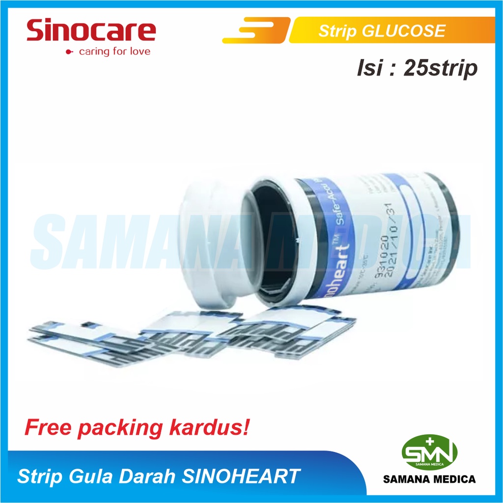 Strip Gula Sinocare Safe Accu Tes Glukosa Darah isi 25 pcs SINOHEART FREE PACKING KARDUS Murah Promo